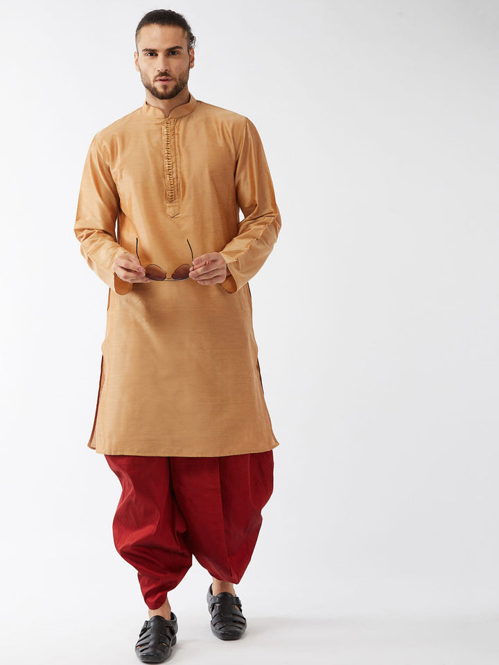 Sarvati Men's Rose Gold And Maroon Silk Blend Kurta With Dhoti Set