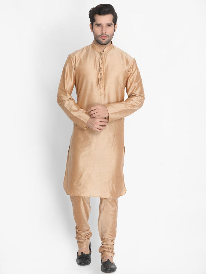 Sarvati Men's Gold Cotton Silk Blend Kurta and Churidar Set