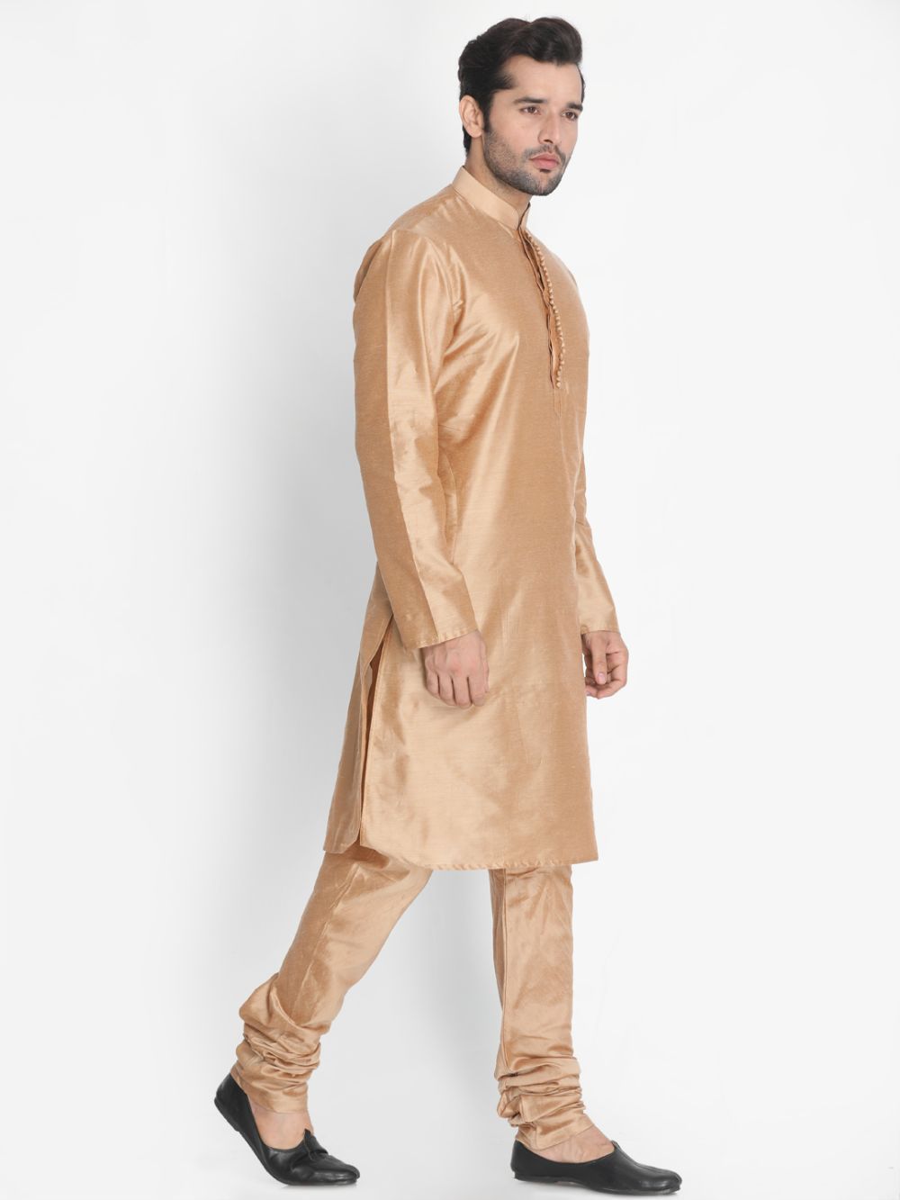 Sarvati Men's Gold Cotton Silk Blend Kurta and Churidar Set