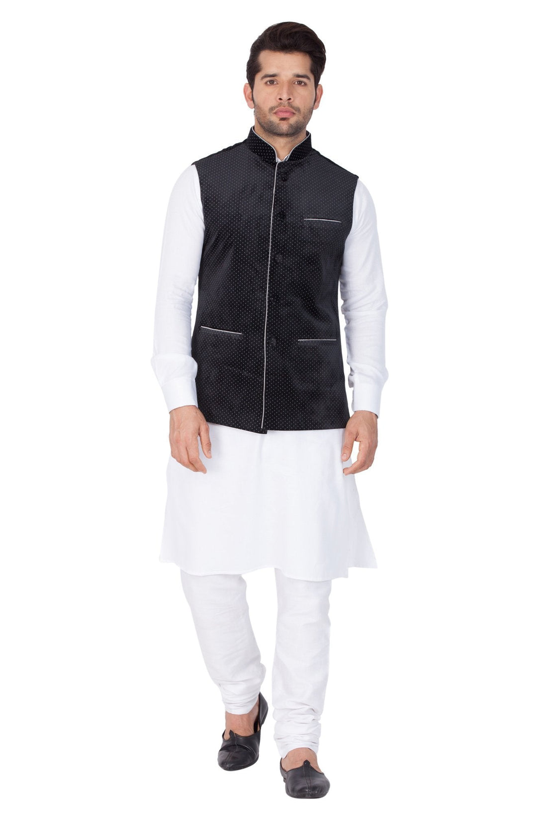 Sarvati Men's White Cotton Kurta, Black Ethnic Jacket and Pyjama Set