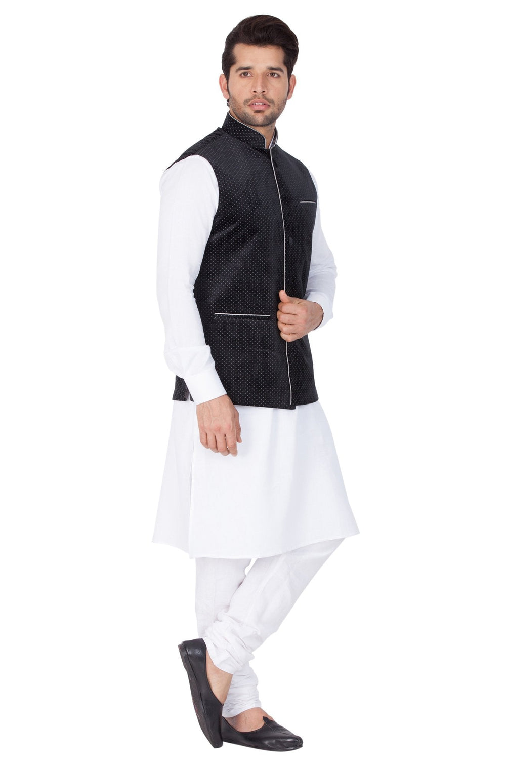 Sarvati Men's White Cotton Kurta, Black Ethnic Jacket and Pyjama Set