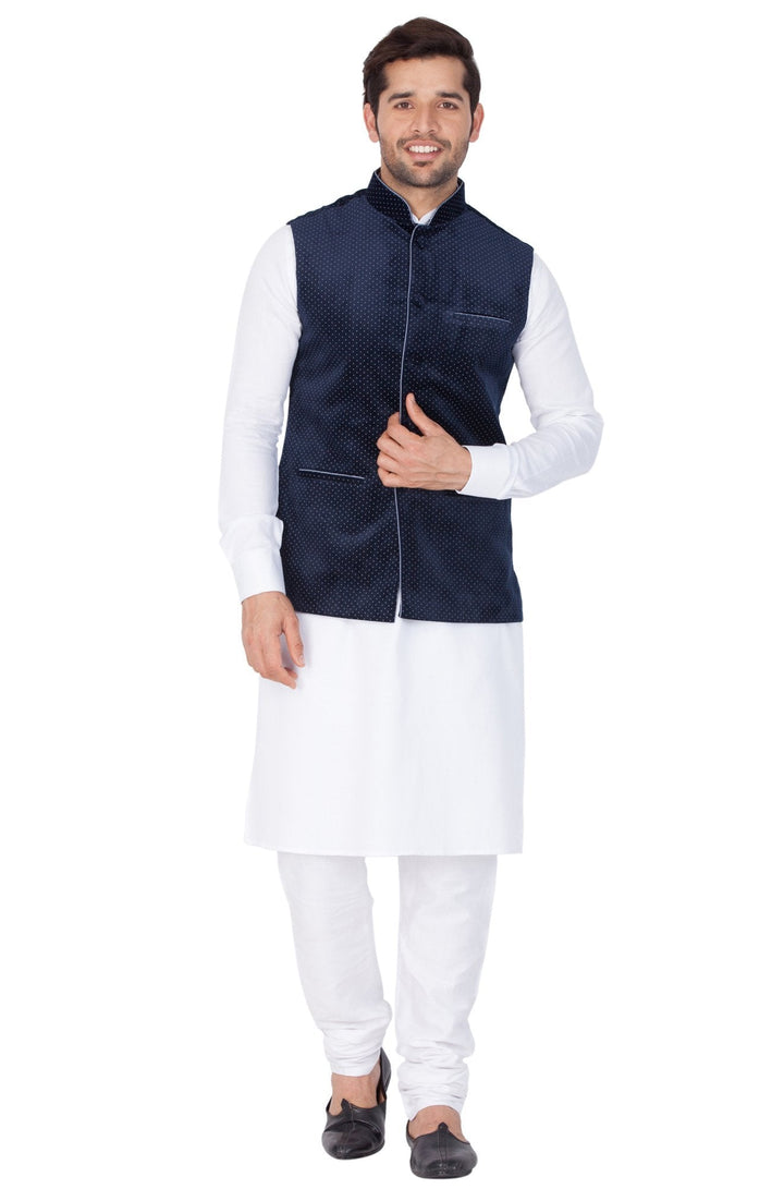 Sarvati Men's White Cotton Kurta, Blue Ethnic Jacket and Pyjama Set