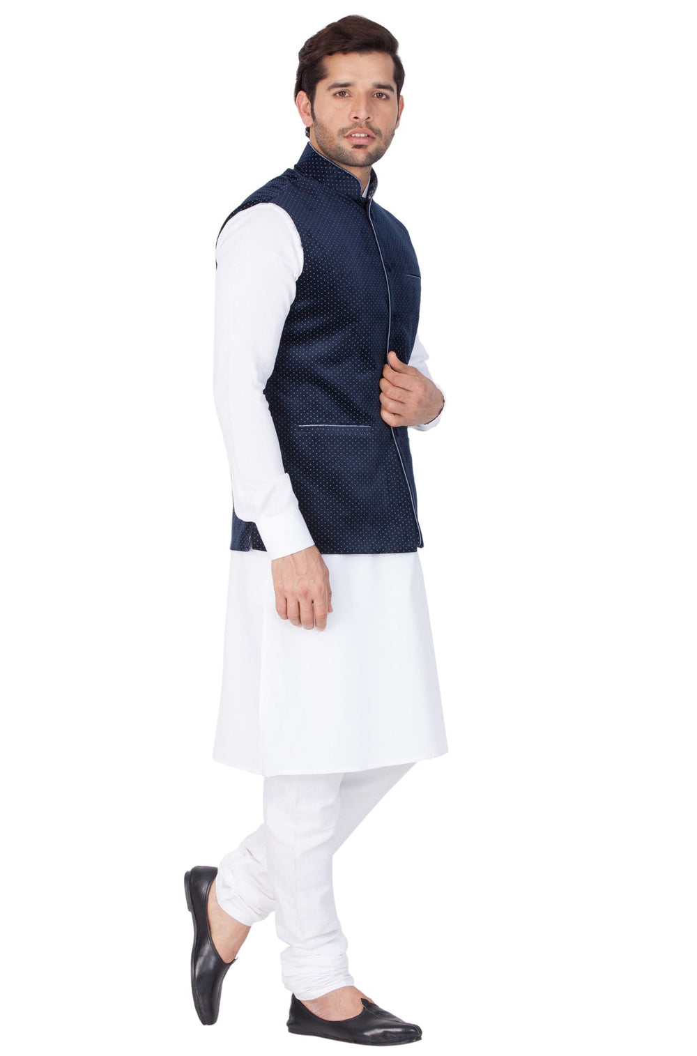 Sarvati Men's White Cotton Kurta, Blue Ethnic Jacket and Pyjama Set