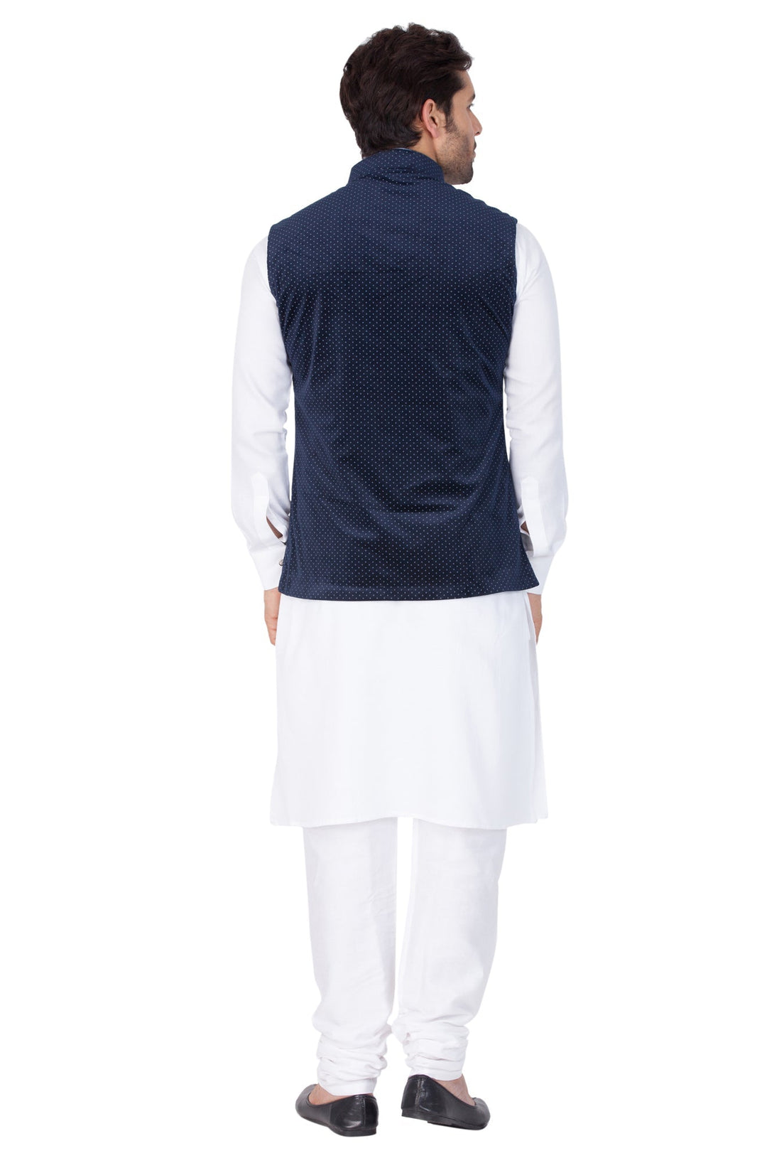 Sarvati Men's White Cotton Kurta, Blue Ethnic Jacket and Pyjama Set