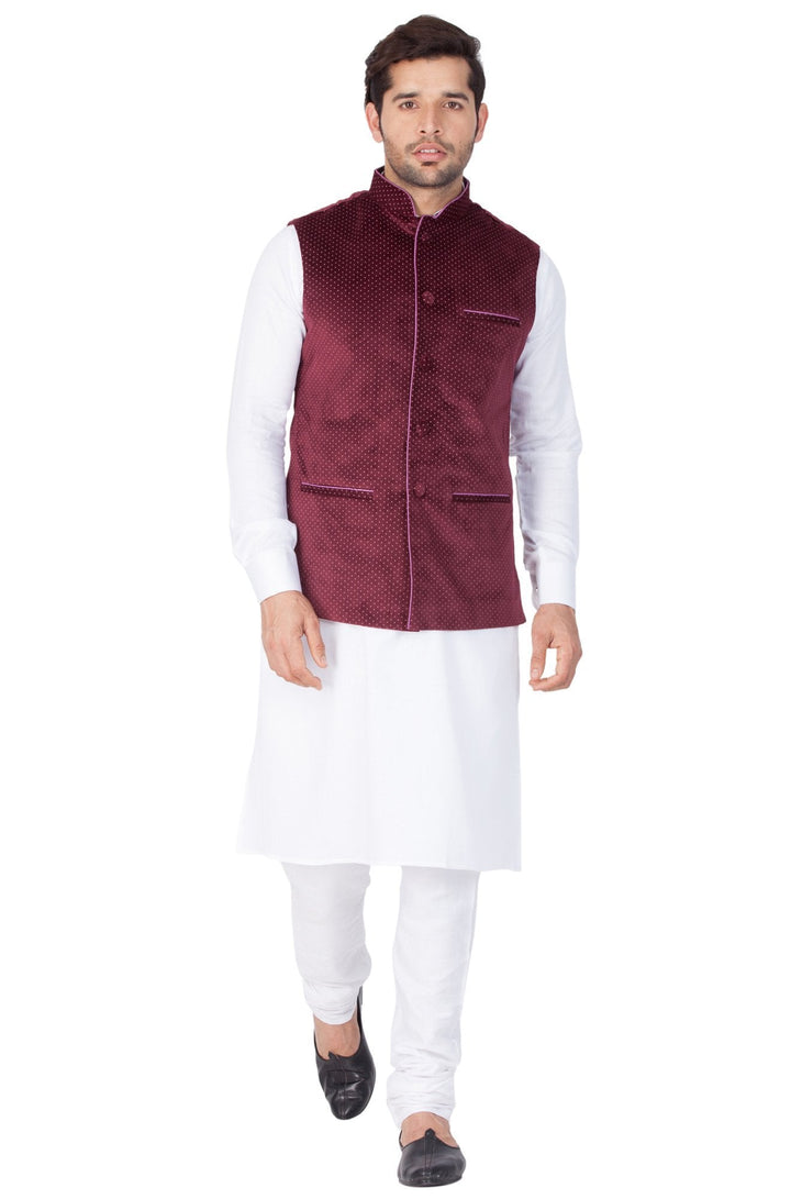 Sarvati Men's White Cotton Kurta, Maroon Ethnic Jacket and Pyjama Set