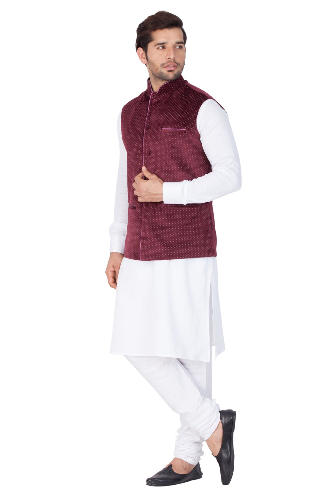 Sarvati Men's White Cotton Kurta, Maroon Ethnic Jacket and Pyjama Set