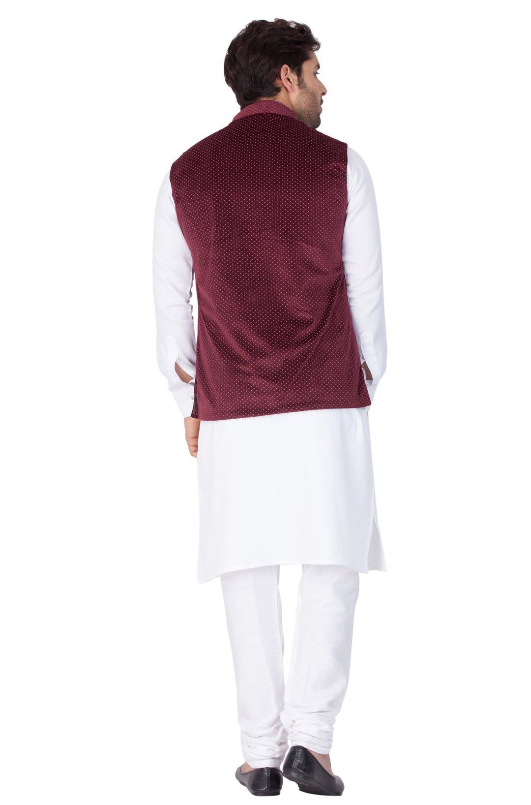 Sarvati Men's White Cotton Kurta, Maroon Ethnic Jacket and Pyjama Set