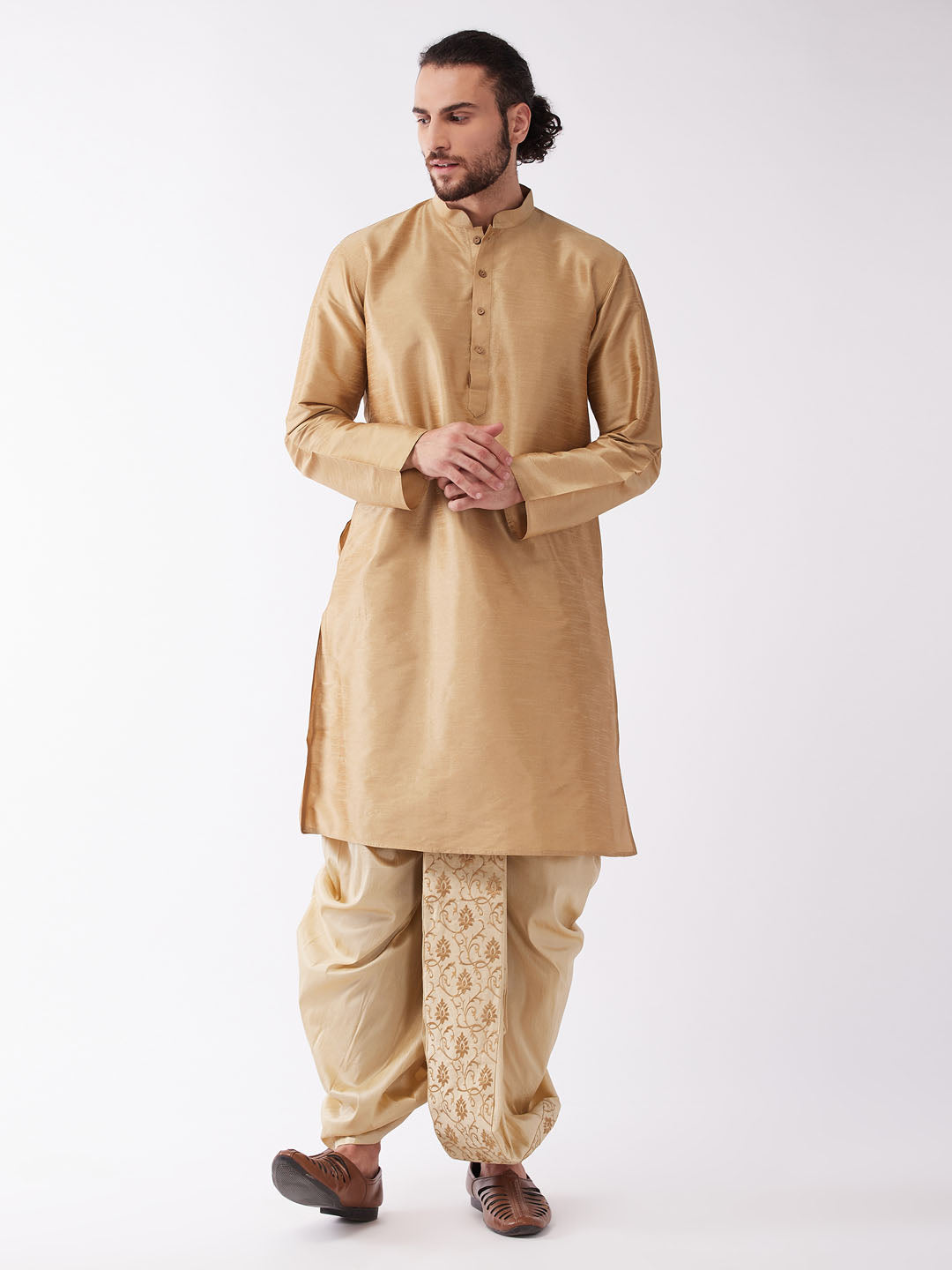 Sarvati Men's Rose Gold And Gold Silk Blend Kurta And Dhoti Set