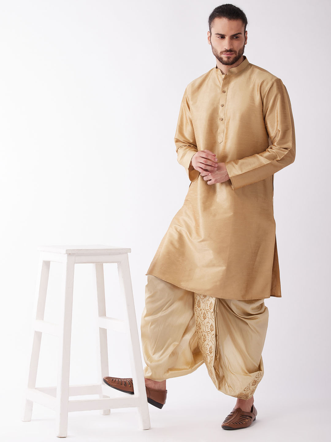 Sarvati Men's Rose Gold And Gold Silk Blend Kurta And Dhoti Set