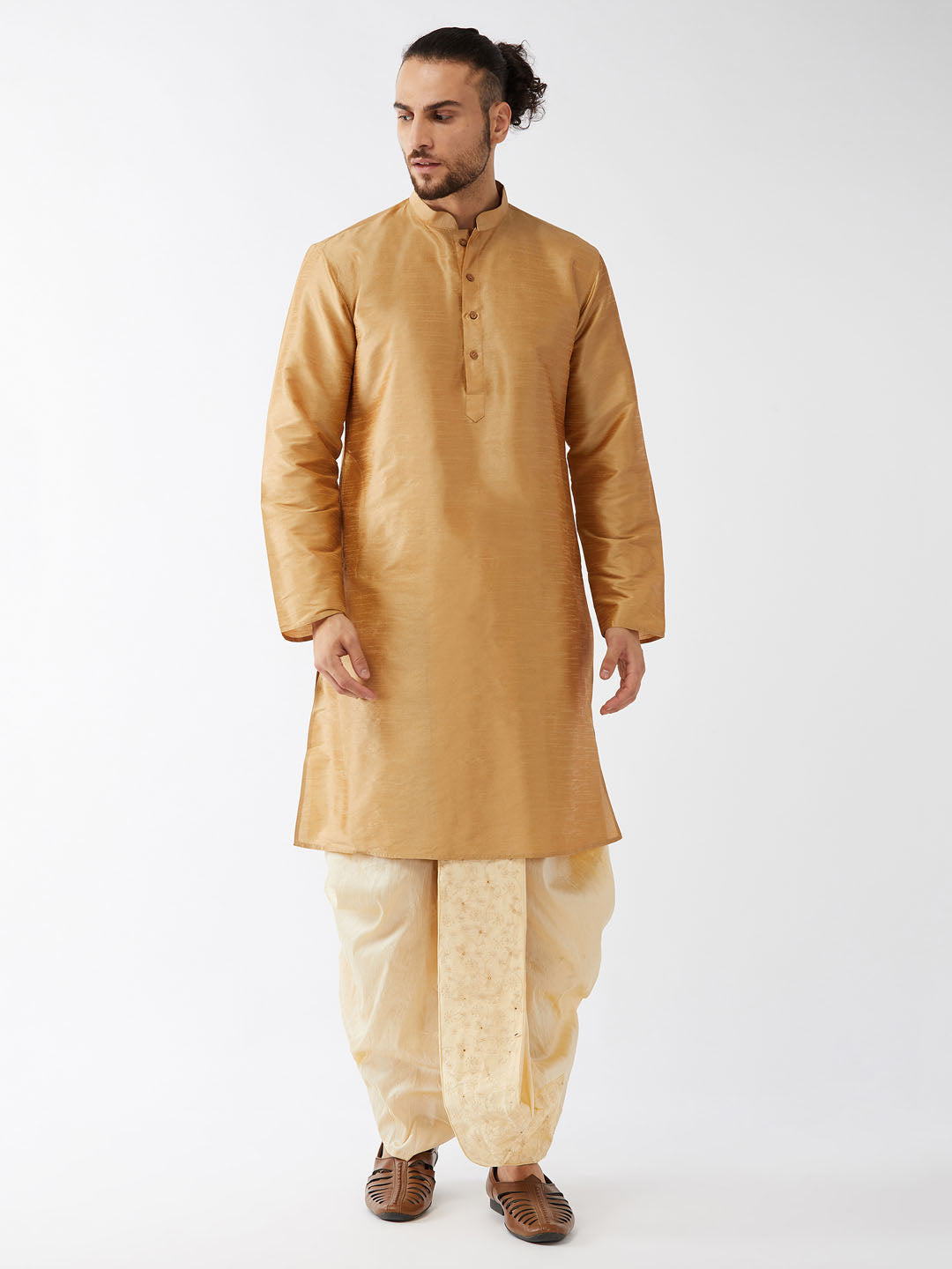 Sarvati Men's Rose Gold And Gold Silk Blend Kurta And Dhoti Set