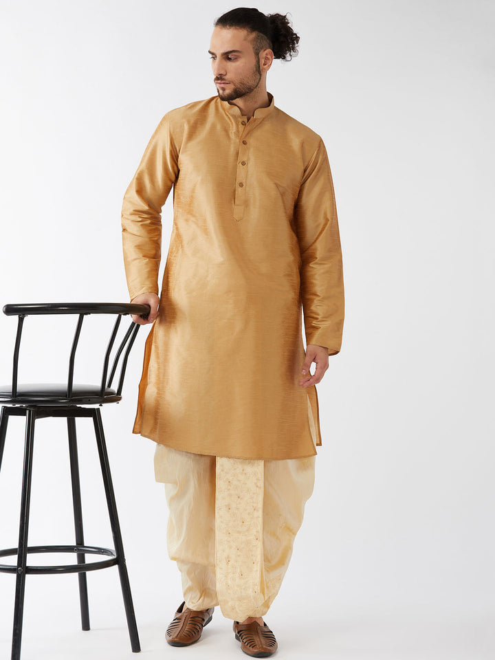 Sarvati Men's Rose Gold And Gold Silk Blend Kurta And Dhoti Set