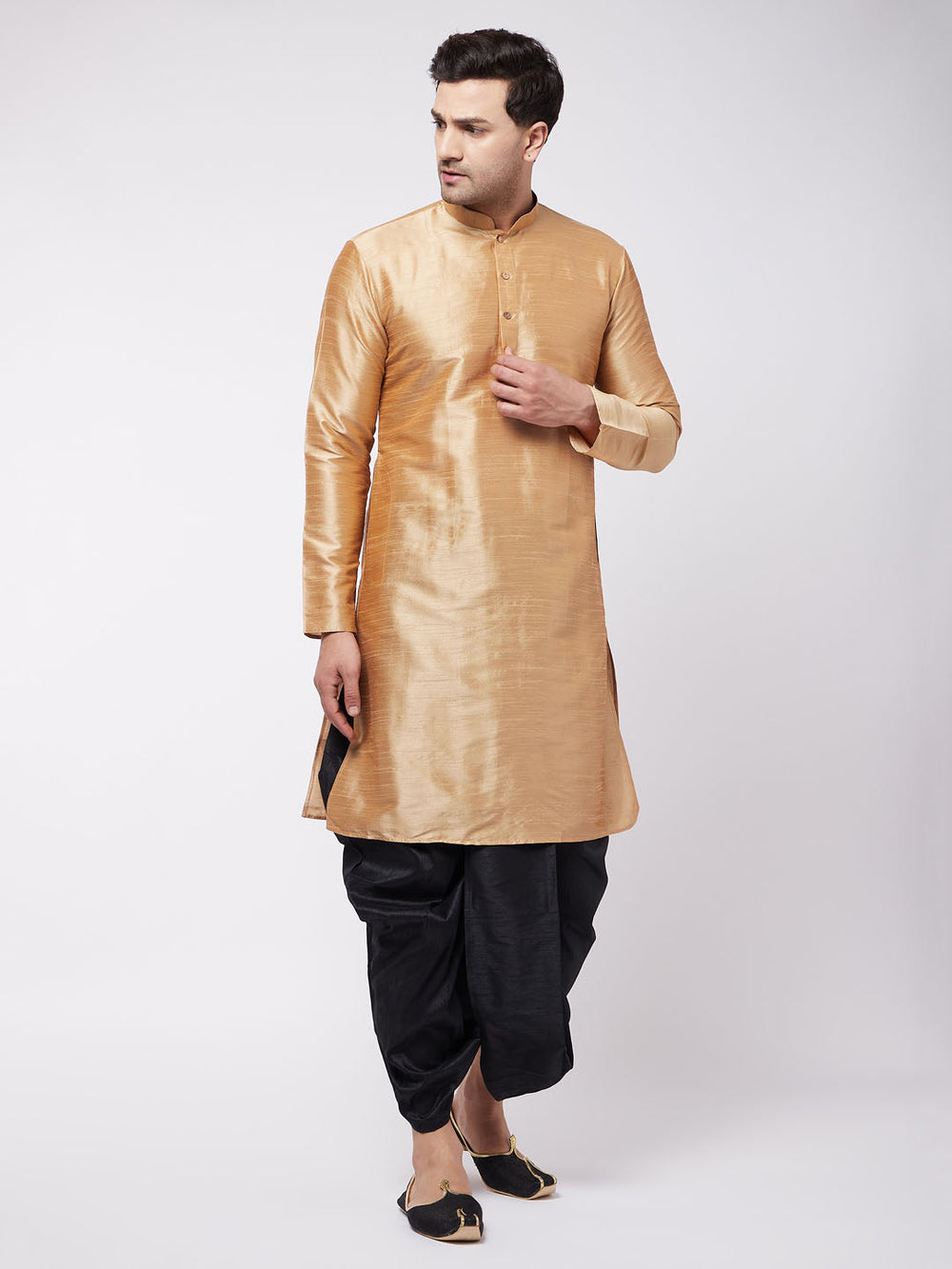 Sarvati Men's Rose Gold And Black Silk Blend Kurta And Dhoti Set