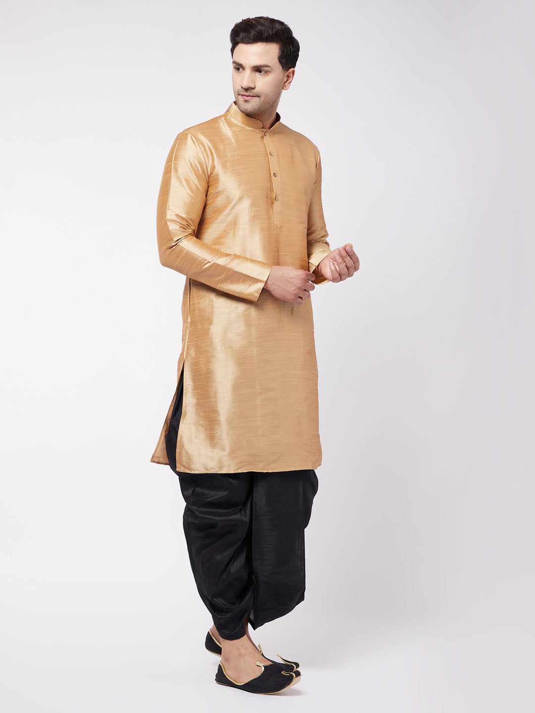 Sarvati Men's Rose Gold And Black Silk Blend Kurta And Dhoti Set
