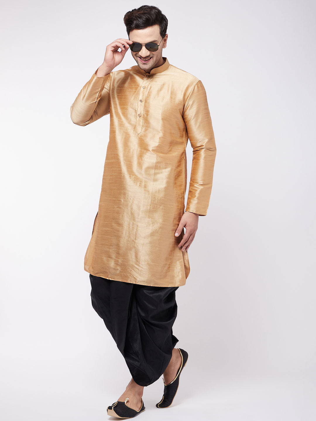 Sarvati Men's Rose Gold And Black Silk Blend Kurta And Dhoti Set