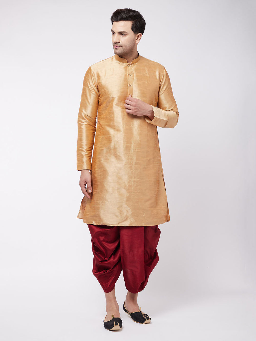 Sarvati Men's Rose Gold And Maroon Silk Blend Kurta And Dhoti Set