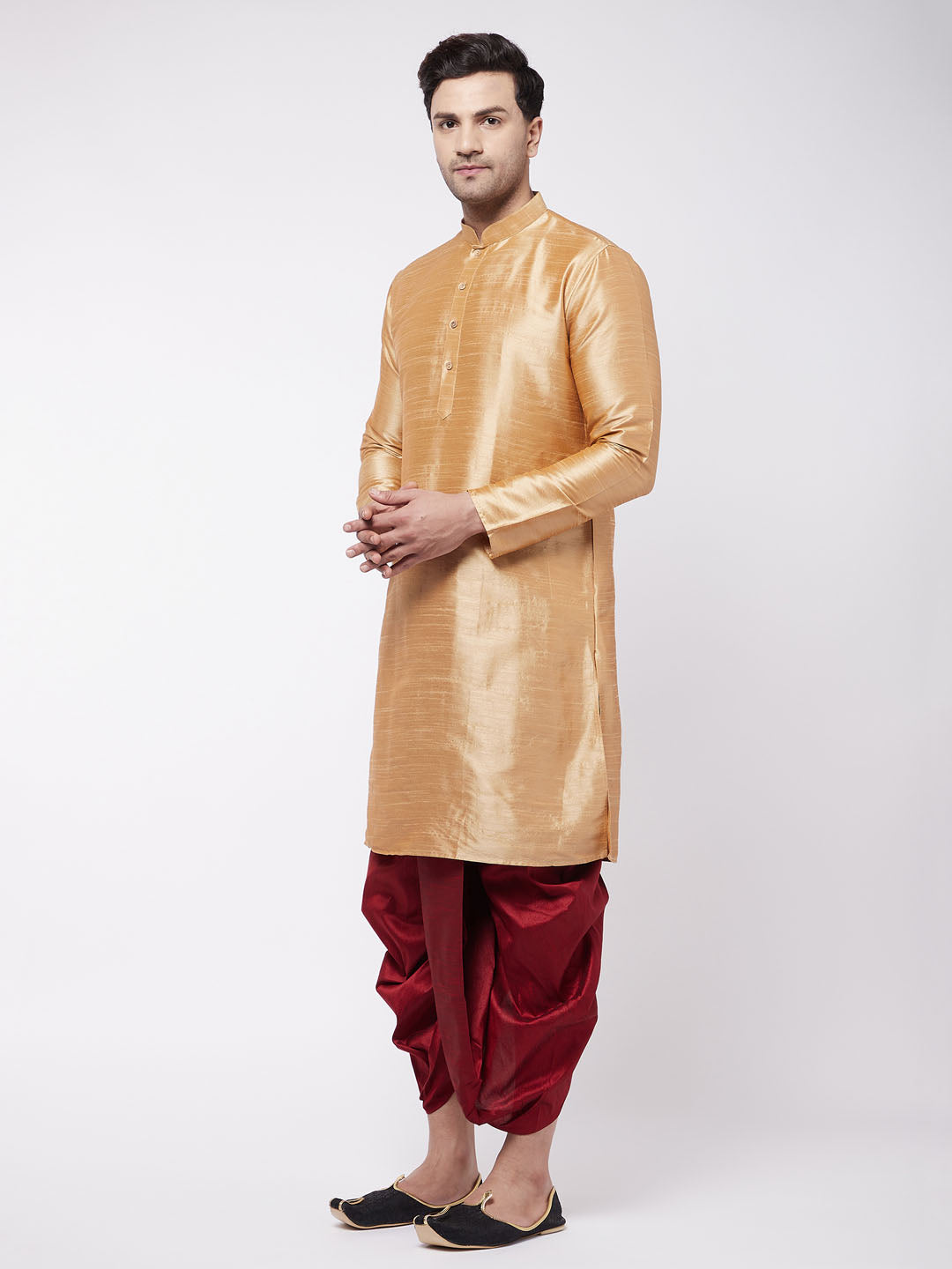 Sarvati Men's Rose Gold And Maroon Silk Blend Kurta And Dhoti Set
