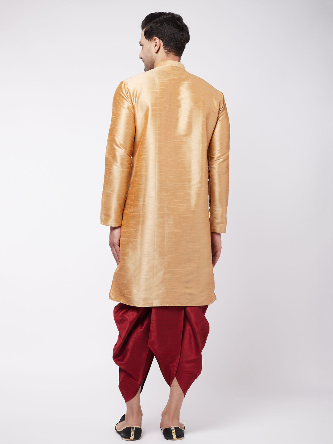 Sarvati Men's Rose Gold And Maroon Silk Blend Kurta And Dhoti Set