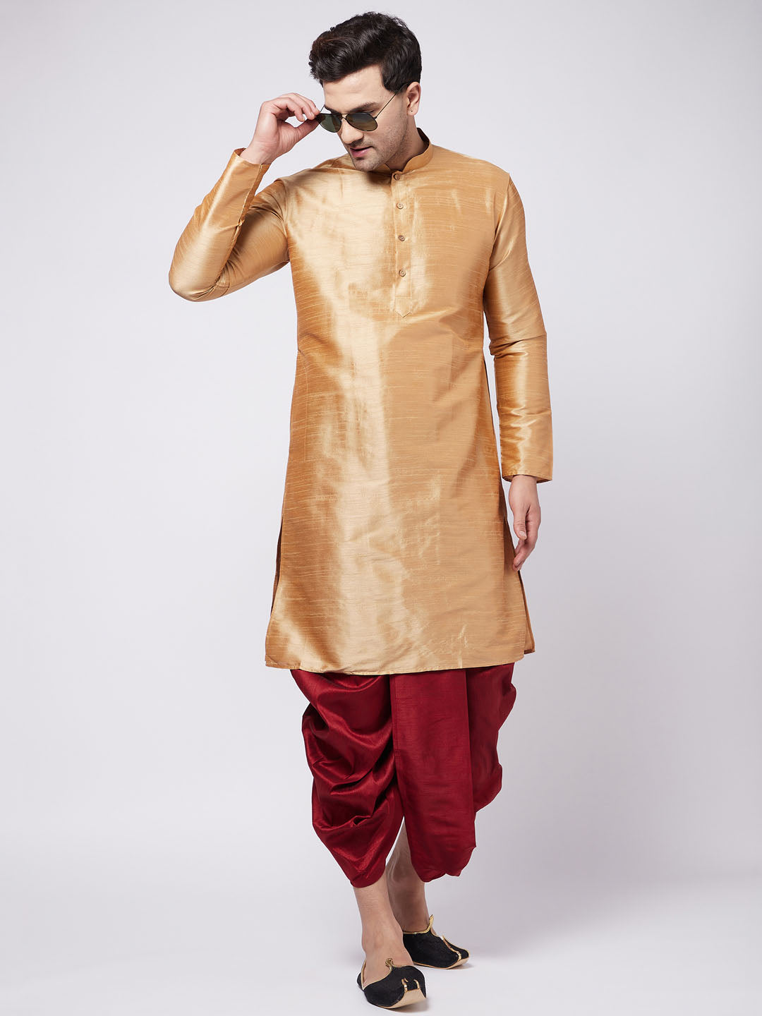 Sarvati Men's Rose Gold And Maroon Silk Blend Kurta And Dhoti Set