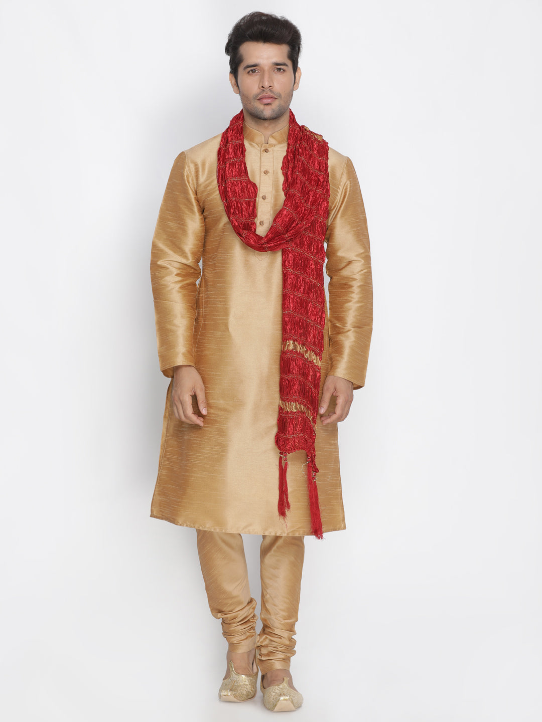 Sarvati Men's Gold Cotton Silk Blend Kurta, Pyjama & Dupatta Set