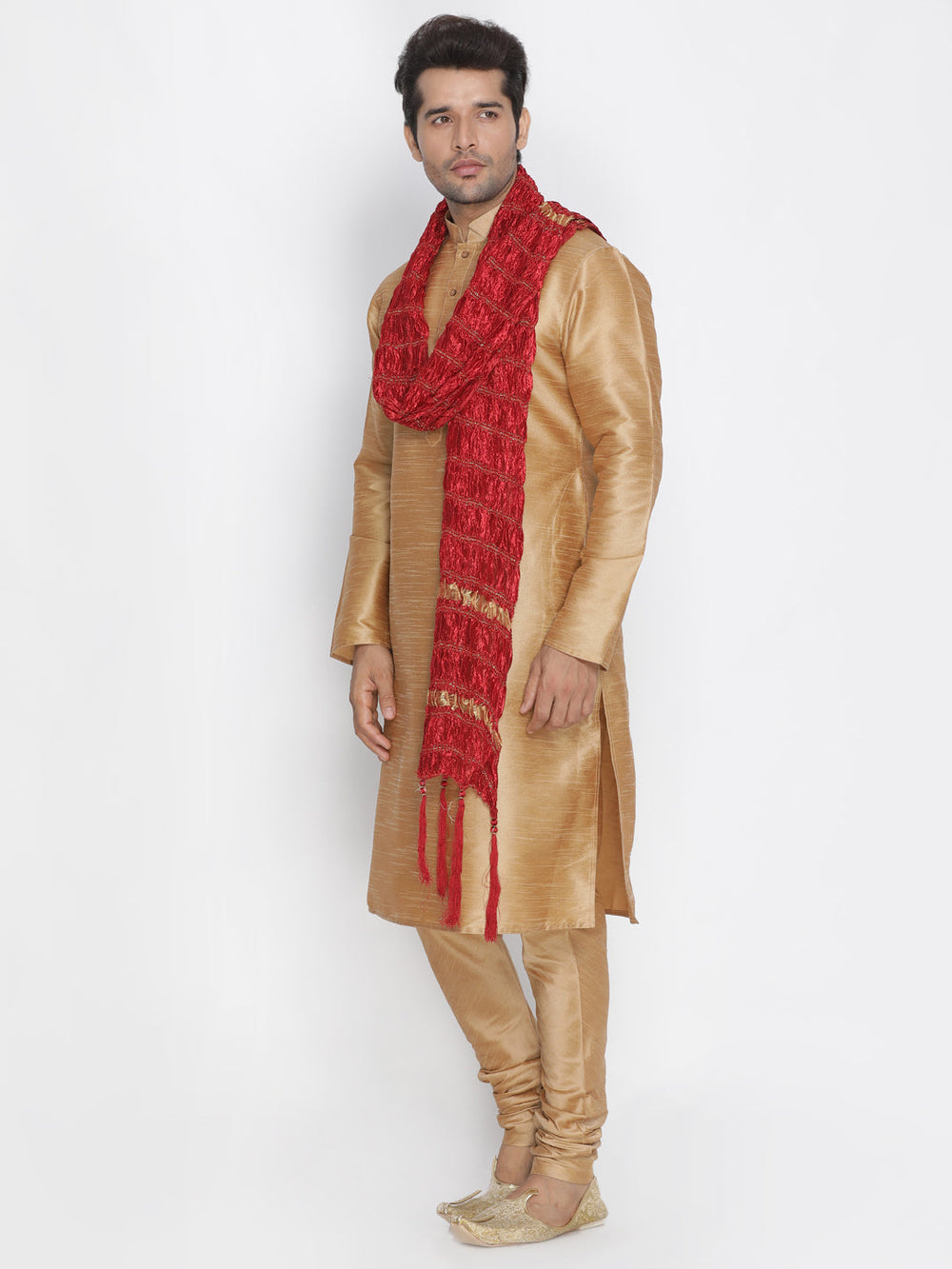 Sarvati Men's Gold Cotton Silk Blend Kurta, Pyjama & Dupatta Set