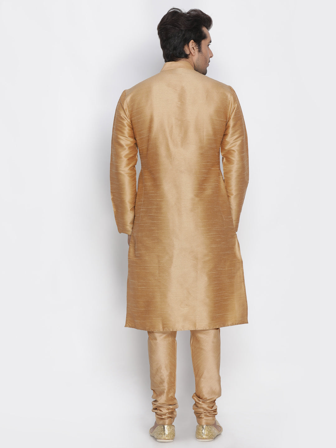 Sarvati Men's Gold Cotton Silk Blend Kurta, Pyjama & Dupatta Set