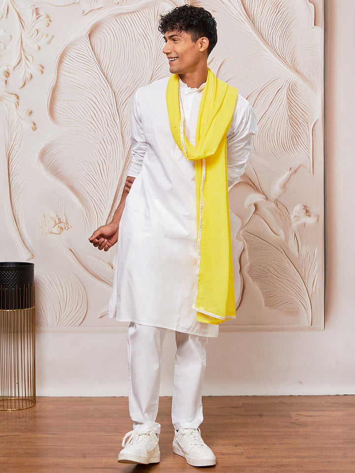 Men's White Cotton  Kurta,Pyjama And Dupatta Set