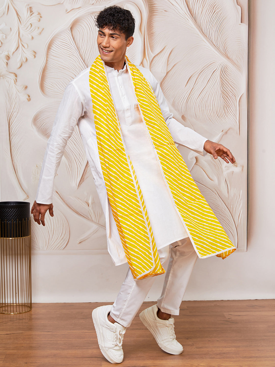Men's White Cotton  Kurta,Pyjama And Dupatta Set