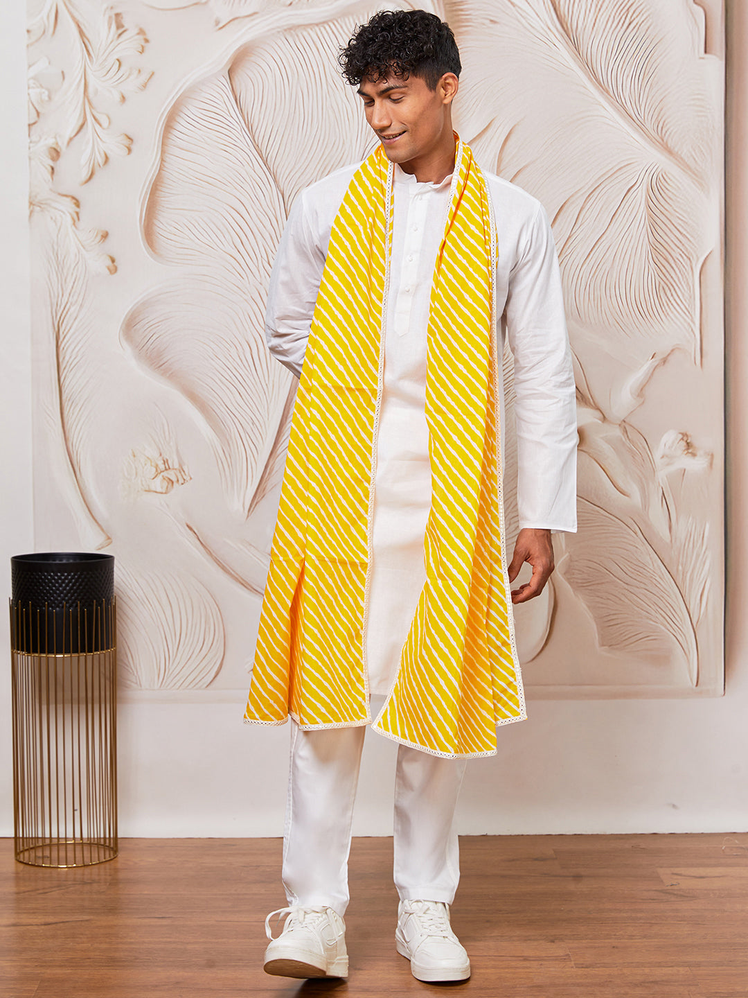Men's White Cotton  Kurta,Pyjama And Dupatta Set