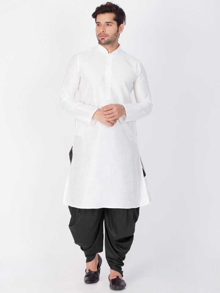 Sarvati Men's White Cotton Silk Blend Kurta and Dhoti Pant Set