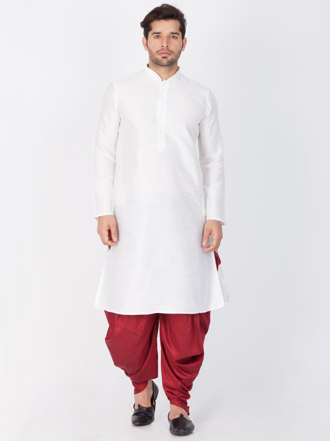 Sarvati Men's White Cotton Silk Blend Kurta and Dhoti Pant Set