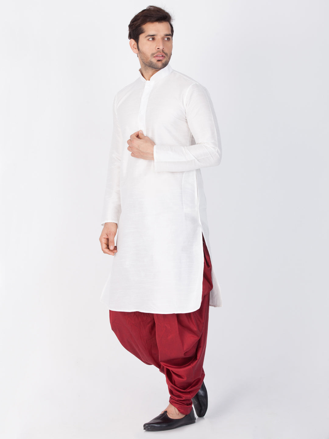 Sarvati Men's White Cotton Silk Blend Kurta and Dhoti Pant Set