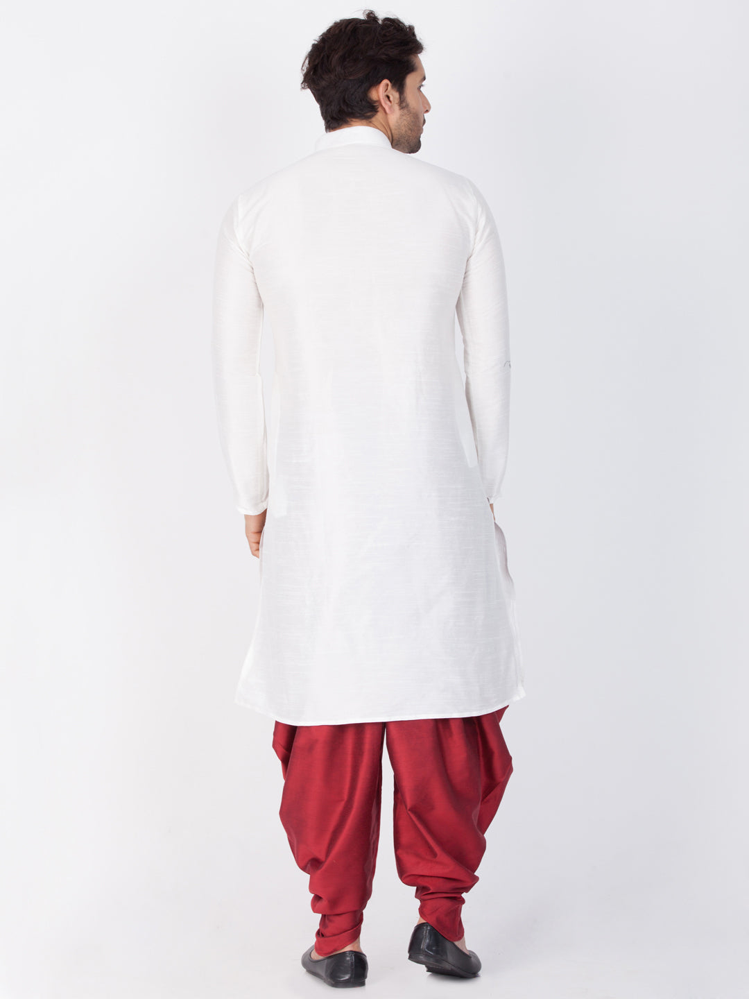 Sarvati Men's White Cotton Silk Blend Kurta and Dhoti Pant Set