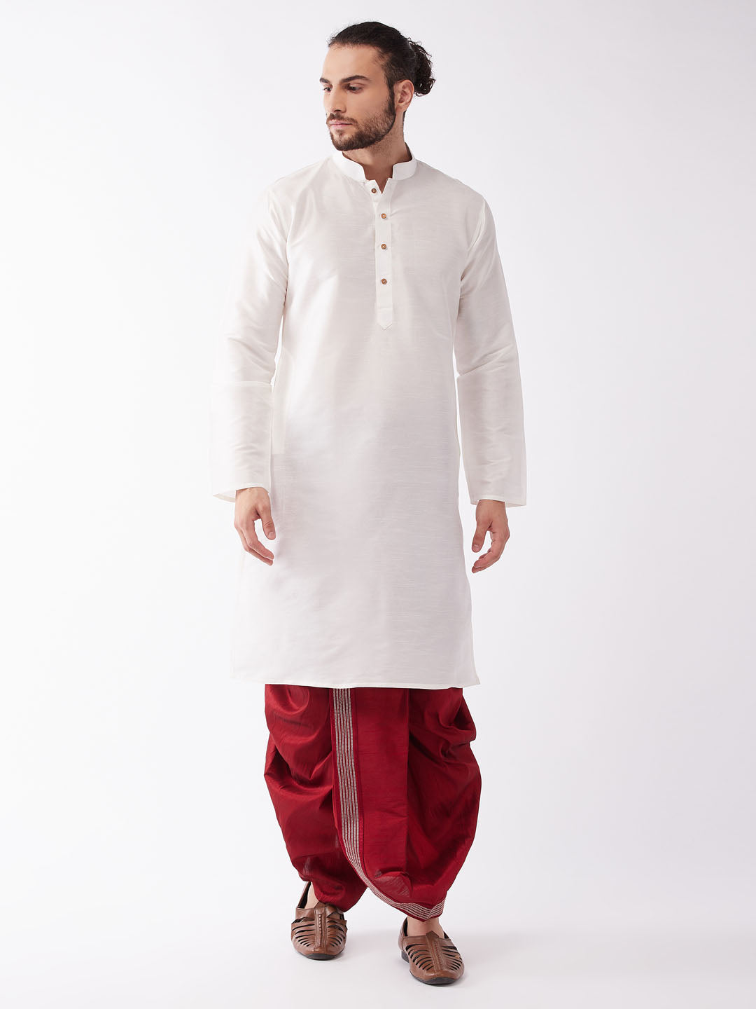 Sarvati Men's White And Maroon Silk Blend Kurta And Dhoti Set