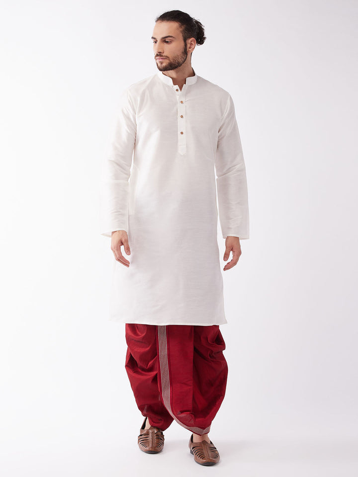 Sarvati Men's White And Maroon Silk Blend Kurta And Dhoti Set