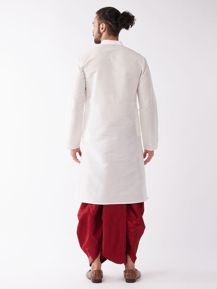 Sarvati Men's White And Maroon Silk Blend Kurta And Dhoti Set