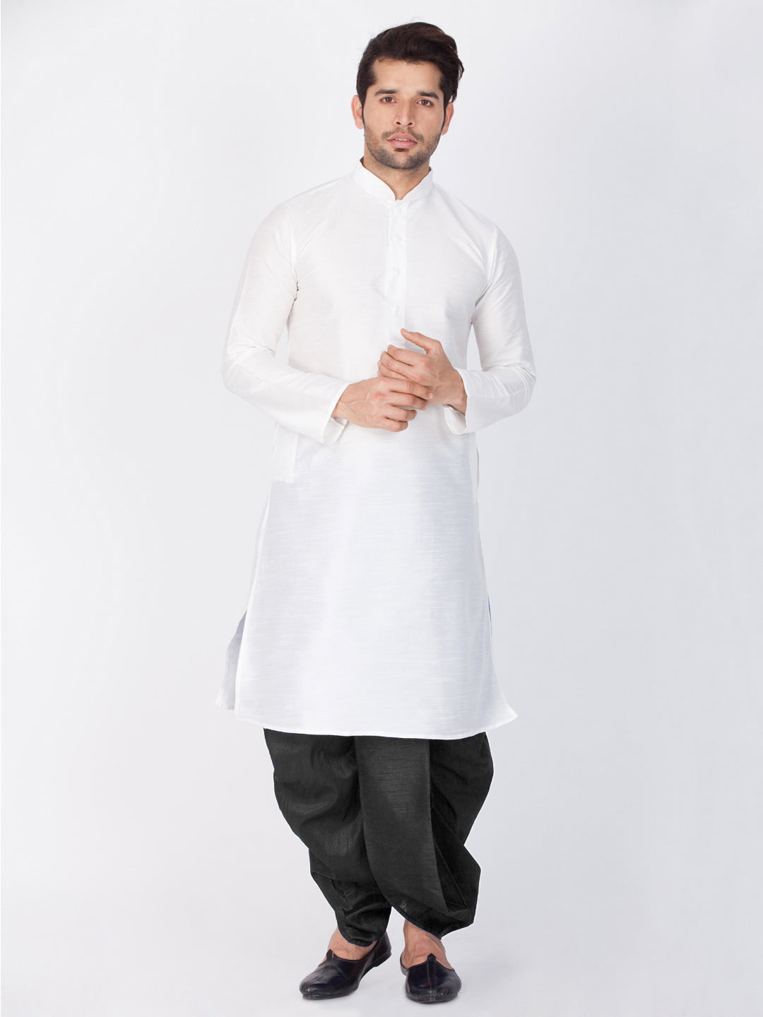 Sarvati Men's White Cotton Silk Blend Kurta and Dhoti Pant Set