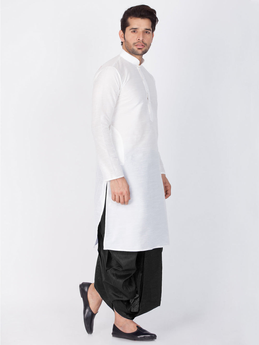 Sarvati Men's White Cotton Silk Blend Kurta and Dhoti Pant Set