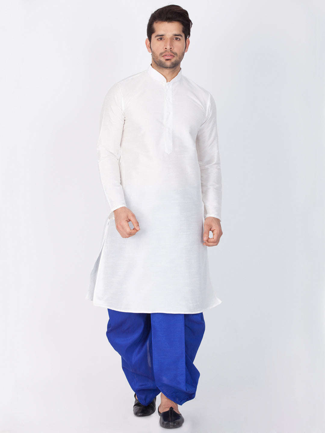 Sarvati Men's White Cotton Silk Blend Kurta and Dhoti Pant Set