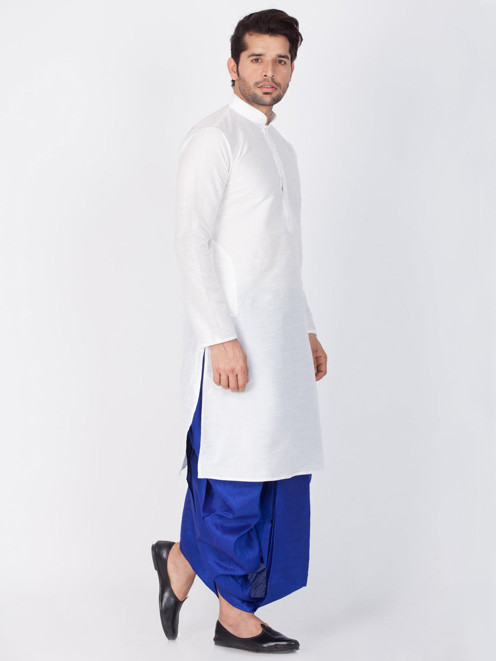 Sarvati Men's White Cotton Silk Blend Kurta and Dhoti Pant Set