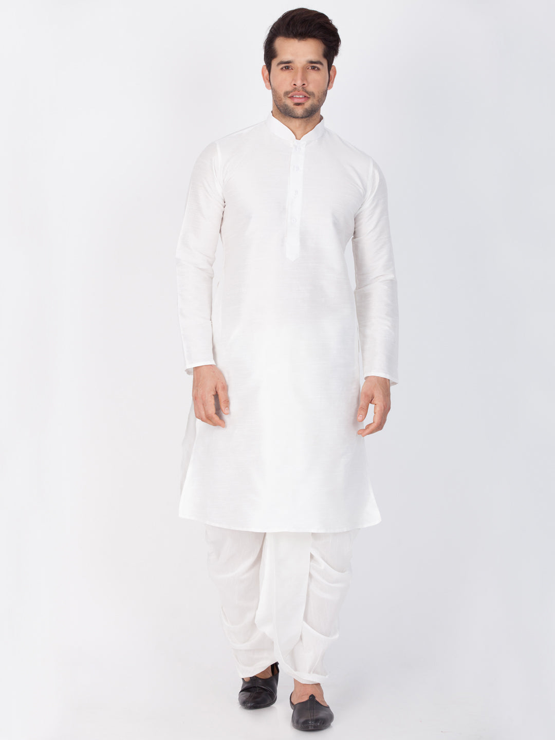 Sarvati Men's White Cotton Silk Blend Kurta and Dhoti Pant Set