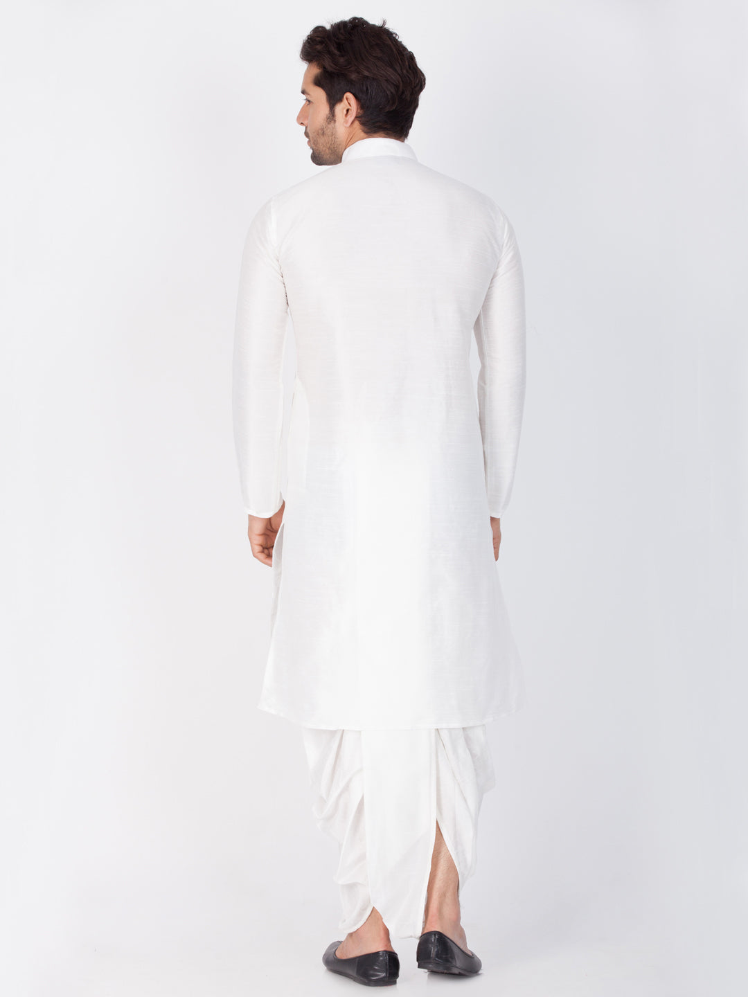 Sarvati Men's White Cotton Silk Blend Kurta and Dhoti Pant Set