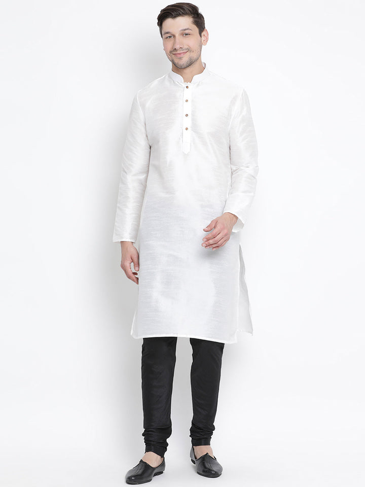 Sarvati Men's White Cotton Silk Blend Kurta and Pyjama Set