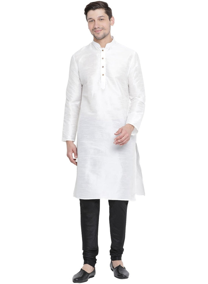 Sarvati Men's White Cotton Silk Blend Kurta and Pyjama Set