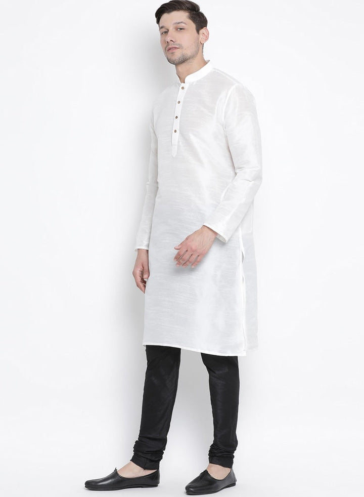 Sarvati Men's White Cotton Silk Blend Kurta and Pyjama Set