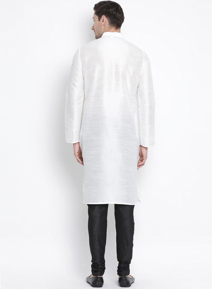 Sarvati Men's White Cotton Silk Blend Kurta and Pyjama Set