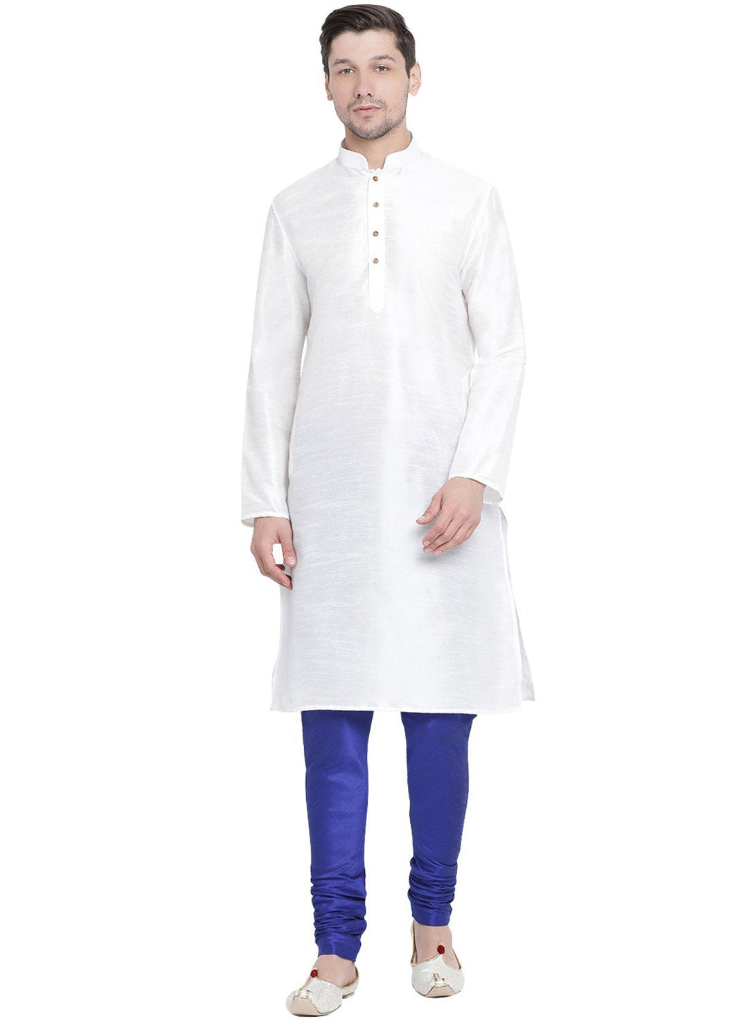 Sarvati Men's White Cotton Silk Blend Kurta and Pyjama Set