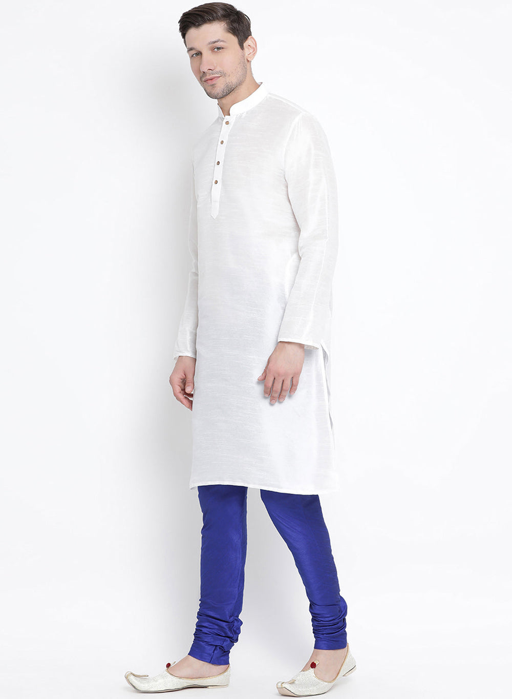 Sarvati Men's White Cotton Silk Blend Kurta and Pyjama Set