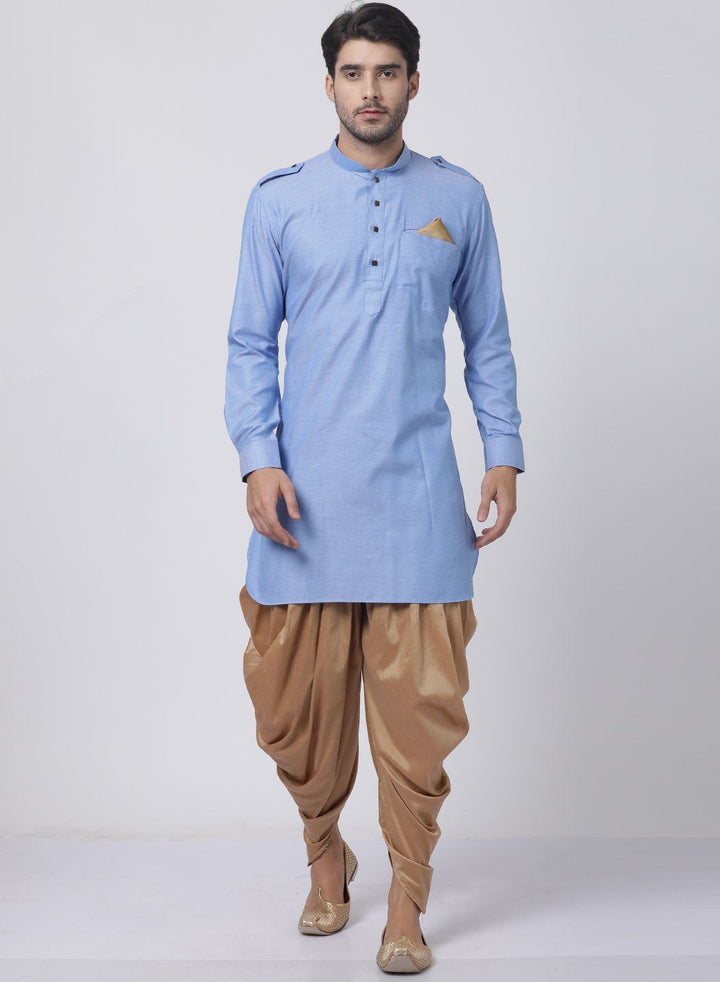 Sarvati Men's Blue Cotton Blend Kurta and Dhoti Pant Set