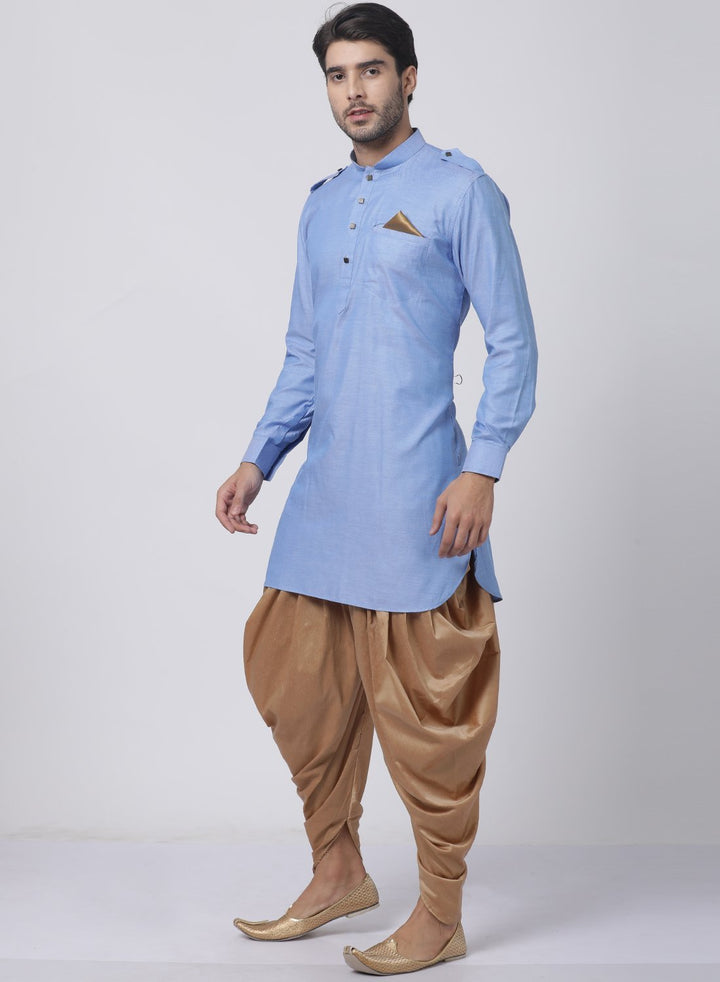 Sarvati Men's Blue Cotton Blend Kurta and Dhoti Pant Set