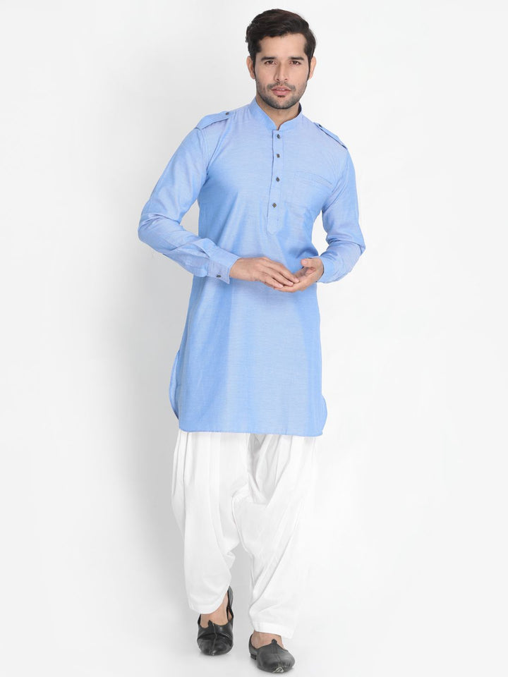 Sarvati Men's Blue Cotton Blend Kurta and Patiala Set